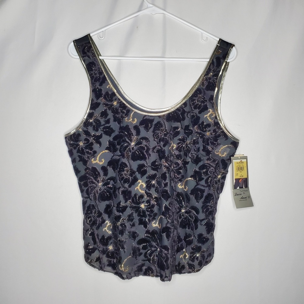 Lucie Ann Sheer Camisole Tank Top Women Medium Black Flocked Floral Metallic Vtg